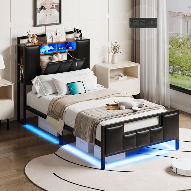 Wrought Studio Twin Bed Frame With Charging Station, Upholstered